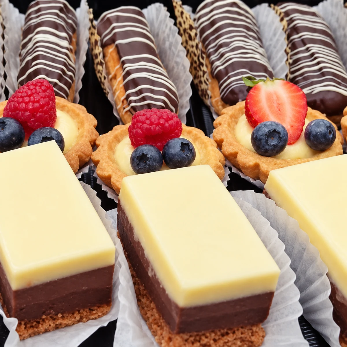 Close-up of assorted layered cakes, fruit tartlets and chocolate pastries
