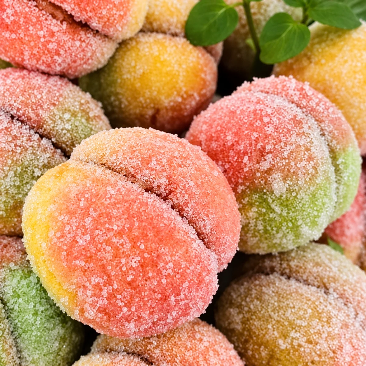 Close-up of colourful sugar-coated peach-shaped biscuits